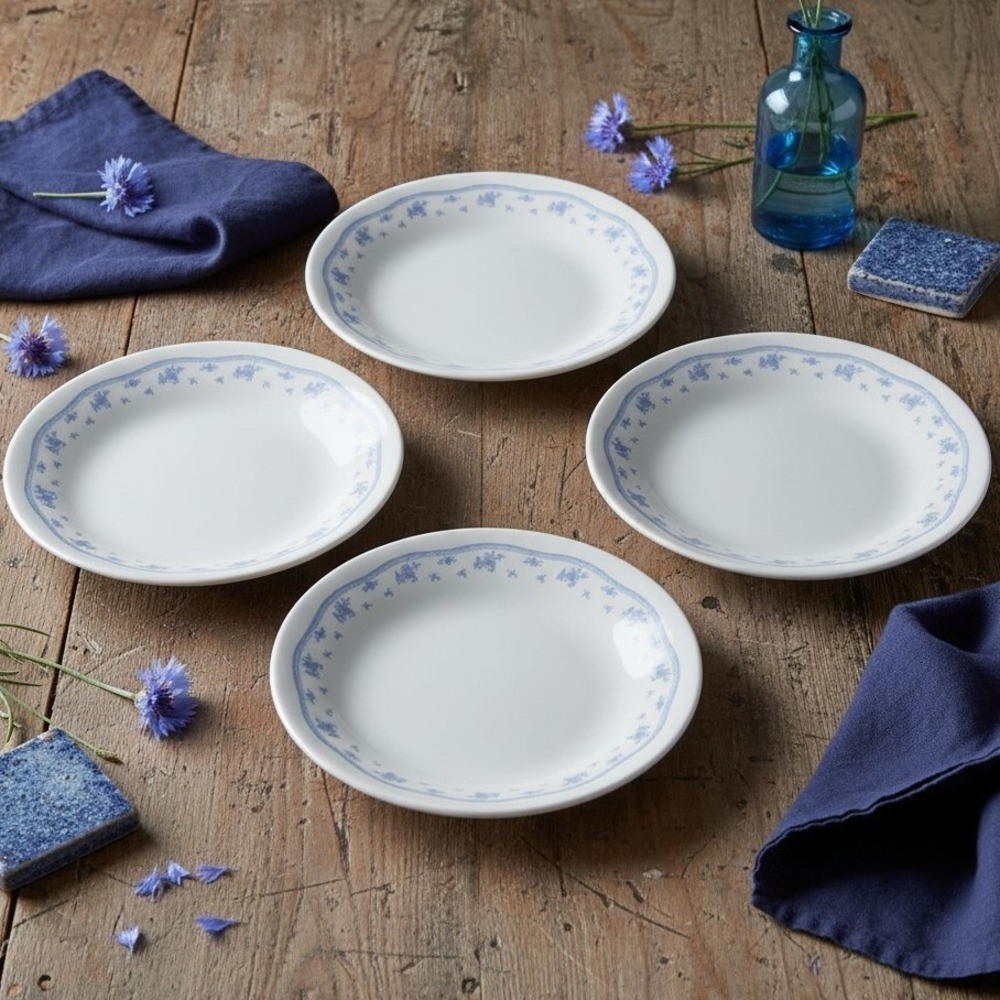 Corelle Morning Blue Dessert Plates, Set of 4, Vintage Replacement Tableware